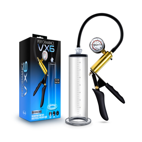 PERFORMANCE VX6 VACUUM PENIS PUMP W/ BRASS TRIGGER & PRESSURE GAUGE CLEAR