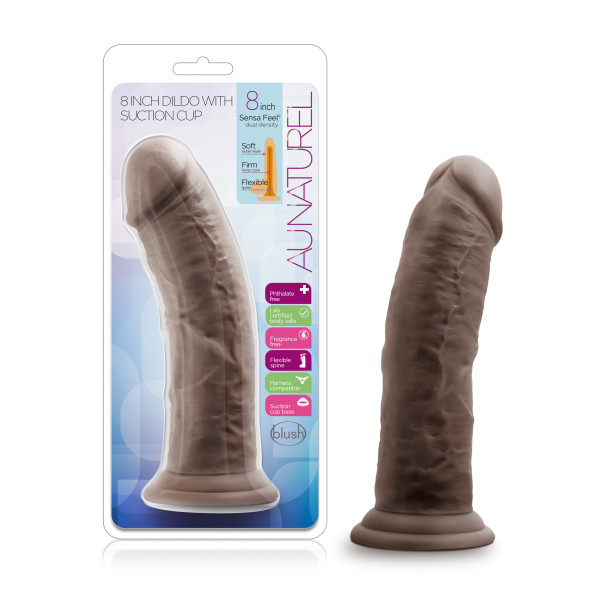 AU NATUREL 8IN DILDO W/ SUCTION CUP CHOCOLATE - Click Image to Close