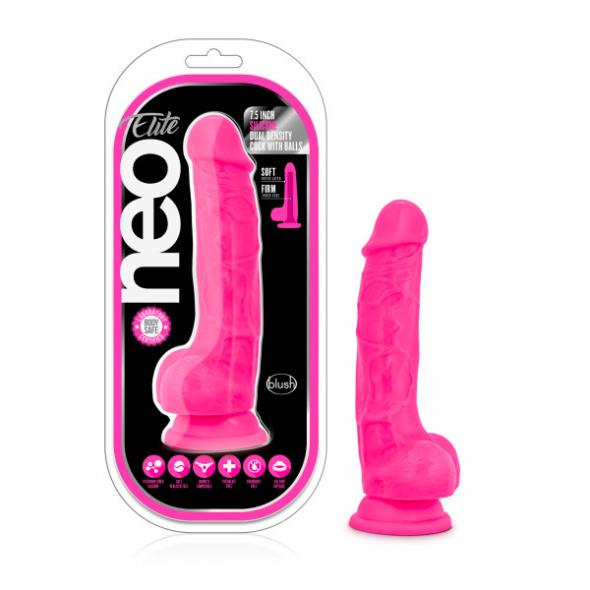 NEO ELITE 7.5IN SILICONE DUAL DENSITY COCK W/ BALLS NEON PINK - Click Image to Close