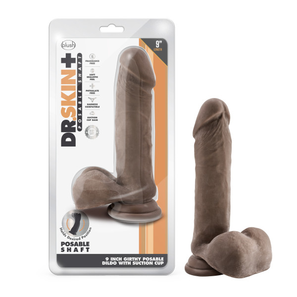 DR SKIN PLUS 9IN THICK POSABLE DILDO W/ BALLS CHOCOLATE - Click Image to Close