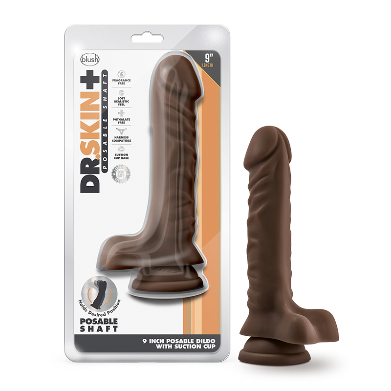 DR SKIN PLUS 9IN POSABLE DILDO W/ BALLS CHOCOLATE - Click Image to Close