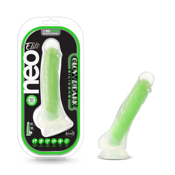 NEO ELITE GLOW IN THE DARK 7.5 IN SILICONE DUAL DENSITY COCK W/ BALLS NEON GREEN