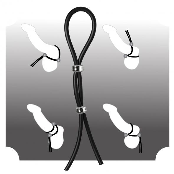 C-RING LASSO DOUBLE LASSO TWO SILVER BEADS SILICONE BLACK - Click Image to Close