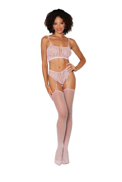 2PC FISHNET & LACE BRALETTE W/ HIGH WAIST PANTY BALLET PINK - Click Image to Close