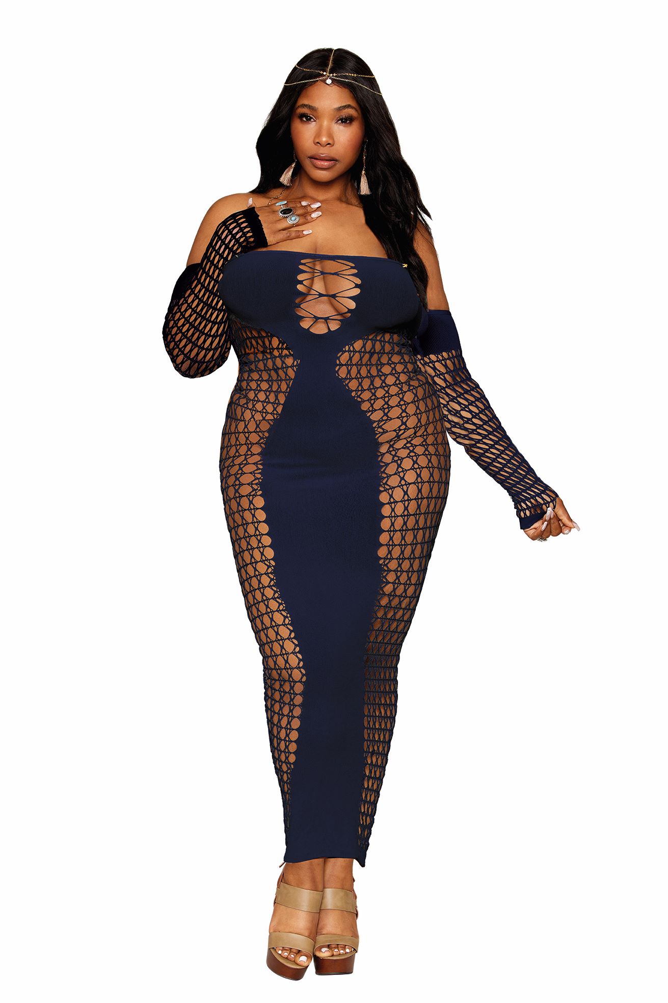 BODYSTOCKING GOWN W/ OPAQUE FRONT & BACK DENIM Q/S - Click Image to Close