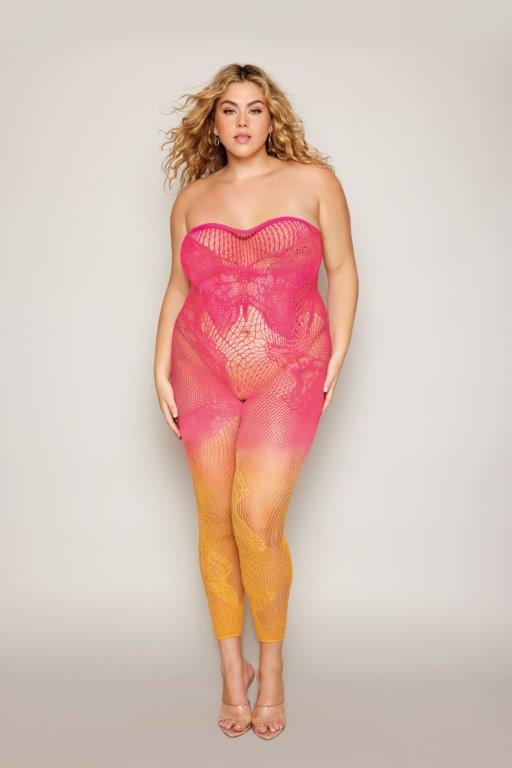 TWO-TONE OMBRE SEAMLESS BODYSTOCKING WATERMELON/MIMOSA OSQ - Click Image to Close