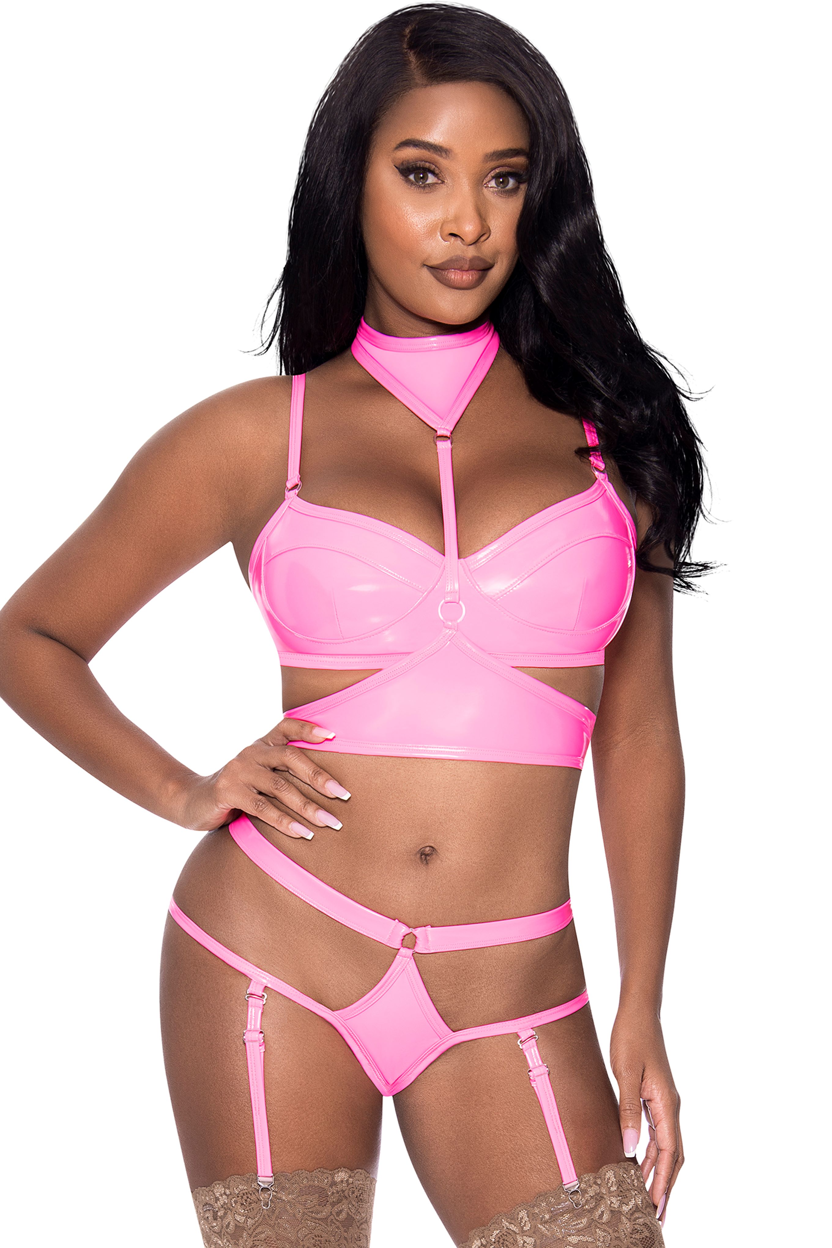 CLUB CANDY BRA HARNESS & PANTY PINK L/XL - Click Image to Close