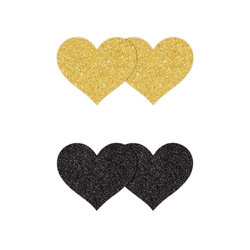 PRETTY PASTIES GLITTER HEARTS BLACK/GOLD 2 PAIR - Click Image to Close