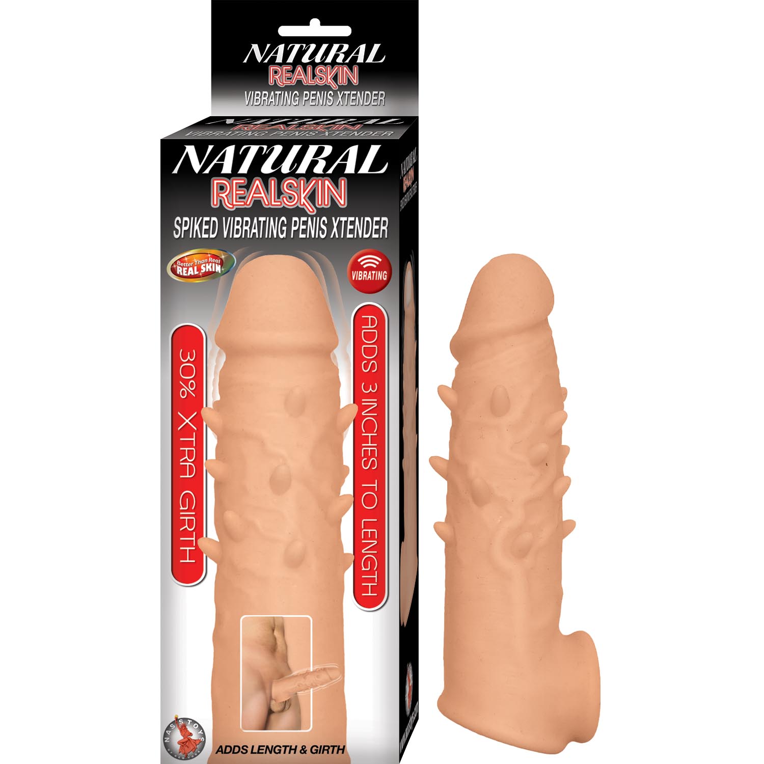 NATURAL REALSKIN SPIKED VIBRATING PENIS XTENDER WHITE - Click Image to Close