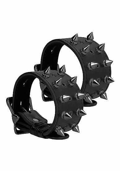 OUCH! SKULLS & BONES HANDCUFFS W/ SPIKES BLACK - Click Image to Close