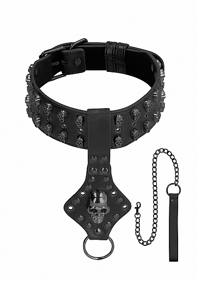 (WD) OUCH! SKULLS & BONES NECK CHAIN W/ SKULLS AND LEASH BLACK