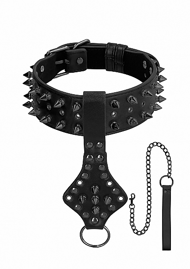 OUCH! SKULLS & BONES NECK CHAIN W/ SPIKES AND LEASH BLACK - Click Image to Close