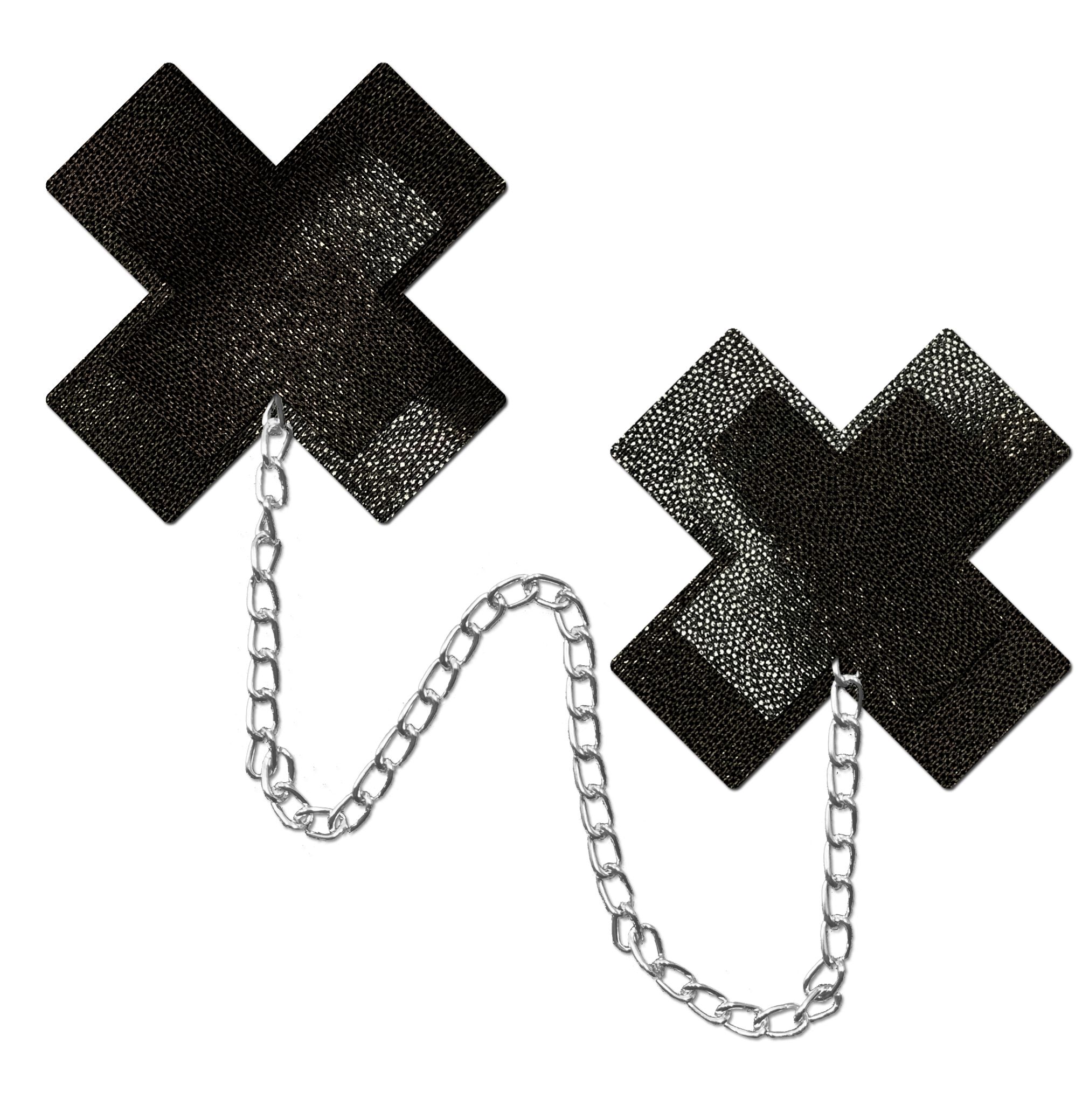 PASTEASE CHAINS LIQUID BLACK X CROSS W/ CHUNKY SILVER CHAIN NIPPLE PASTIES - Click Image to Close