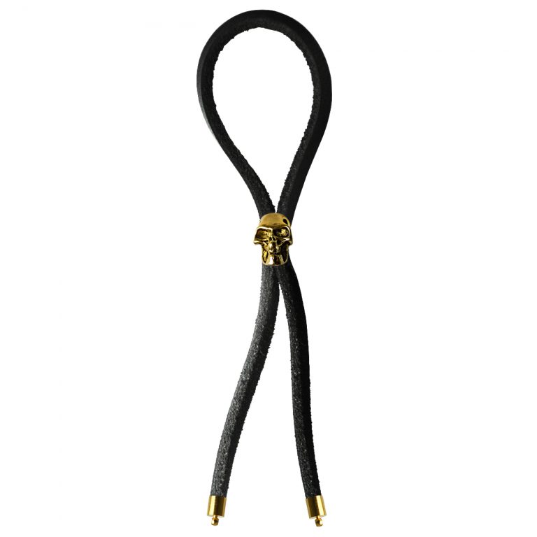 C-RING LASSO GOLD SKULL BEAD LEATHER STRAP BLACK - Click Image to Close