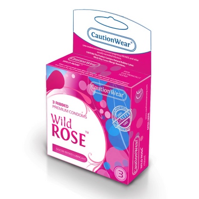 WILD ROSE RIBBED LUBRICATED CONDOMS 3PK - Click Image to Close