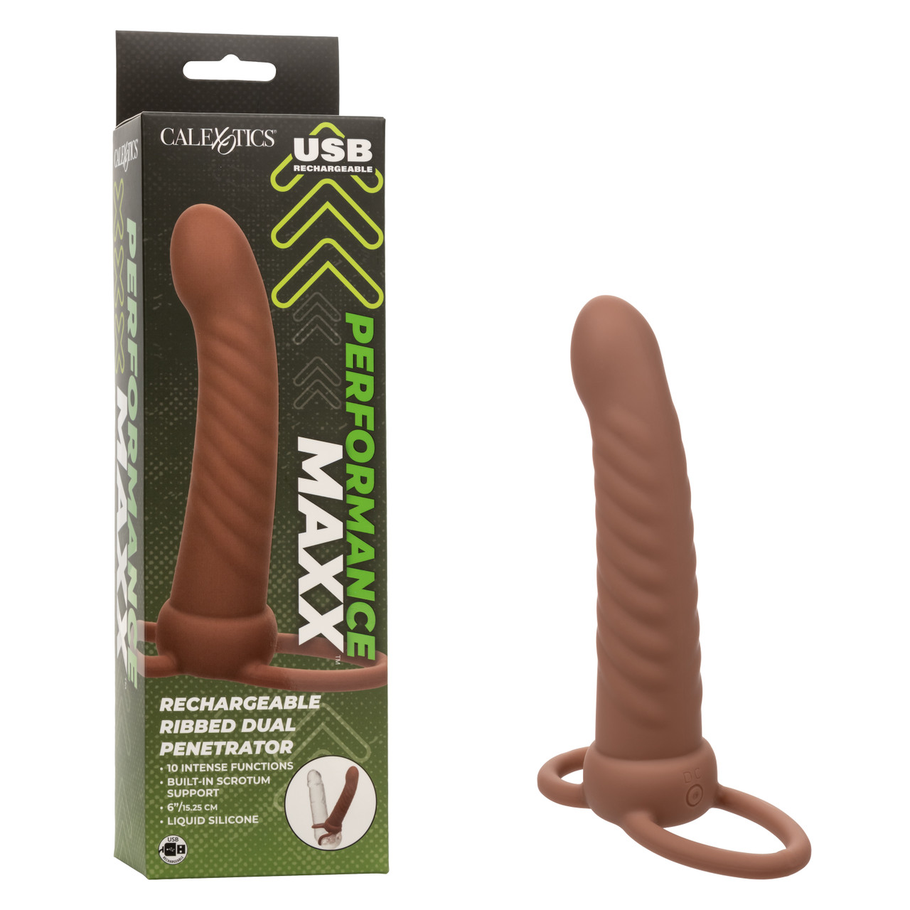 PERFORMANCE MAXX RIBBED DUAL PENETRATOR BROWN - Click Image to Close