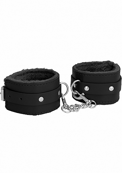 OUCH! PLUSH LEATHER HANDCUFFS BLACK - Click Image to Close
