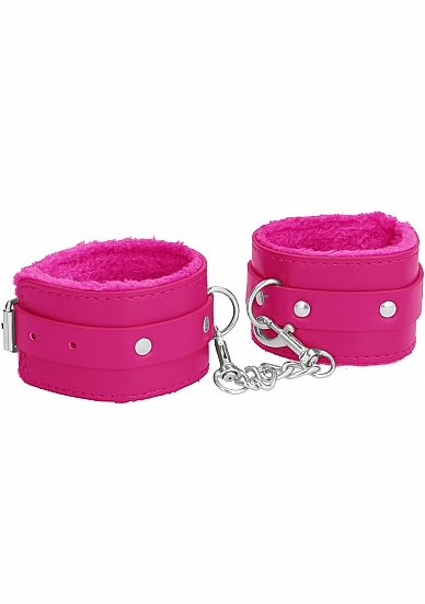OUCH! PLUSH LEATHER HANDCUFFS PINK - Click Image to Close