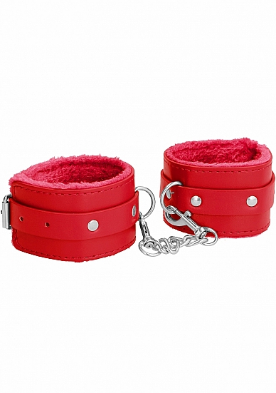 OUCH! PLUSH LEATHER HANDCUFFS RED - Click Image to Close