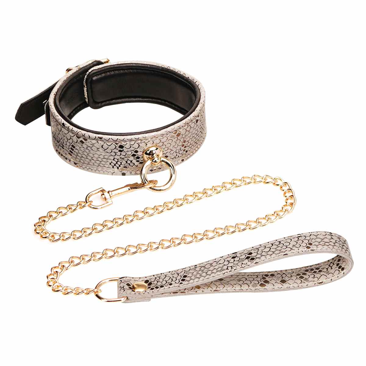 MICROFIBER SNAKE PRINT COLLAR & LEASH WHITE W LEATHER LINING - Click Image to Close