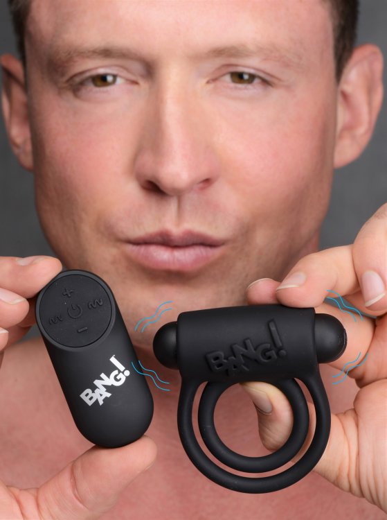 BANG! SILICONE COCK RING & BULLET W/ REMOTE BLACK - Click Image to Close