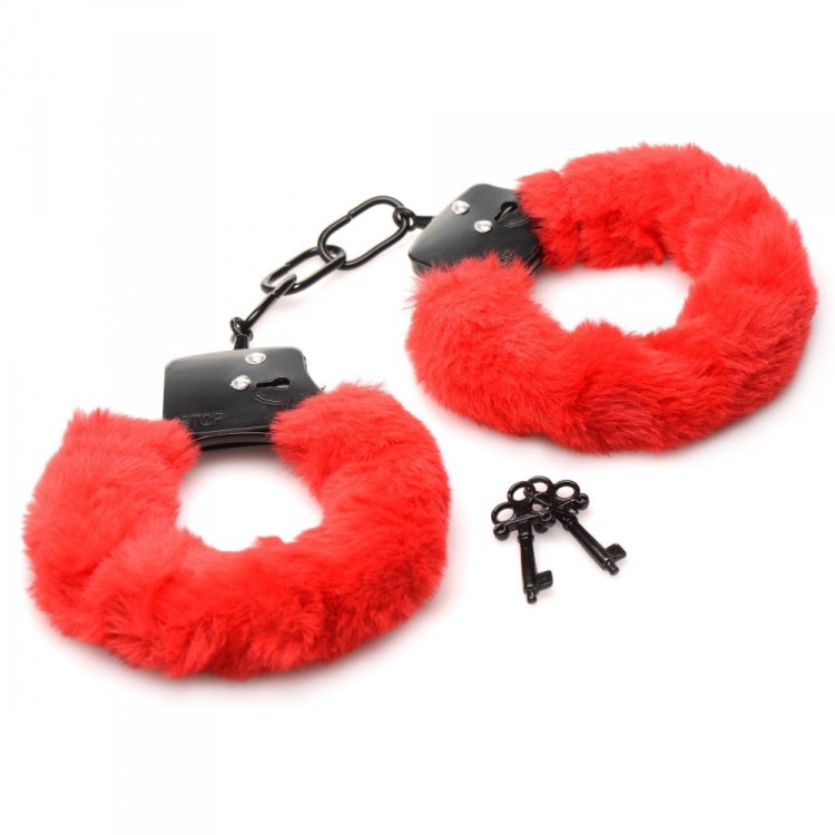 MASTER SERIES CUFFED IN FUR HANDCUFFS RED - Click Image to Close