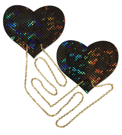 BLACK SHATTERED DISCO BALL HEART W/ GOLD CHAINS PASTIES - Click Image to Close