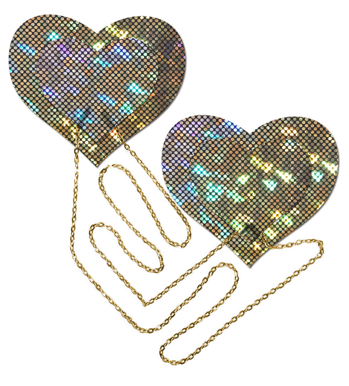 GOLD SHATTERED DISCO BALL HEART W/ GOLD CHAINS PASTIES - Click Image to Close