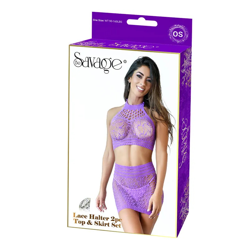 LACE HALTER 2PC TOP & SKIRT SET - PURPLE