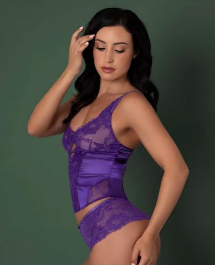 SATIN PETALS BUSTIER & BOY SHORT PURPLE L