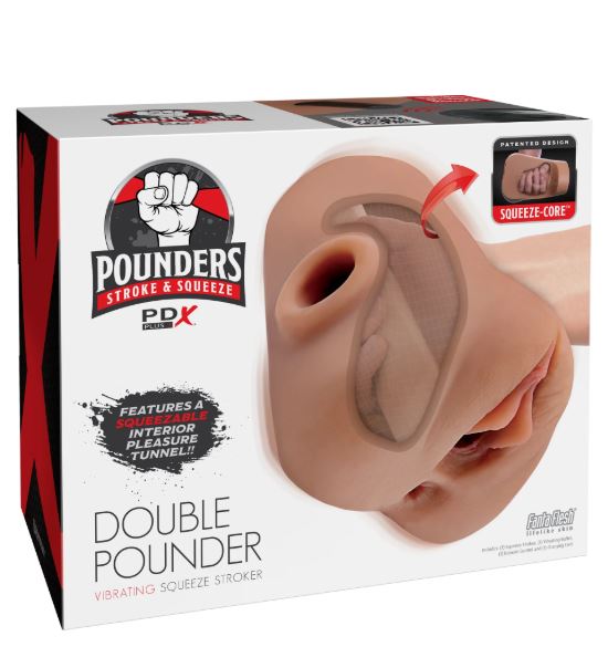 PDX PLUS DOUBLE POUNDER VIBRATING SQUEEZE STROKER BROWN