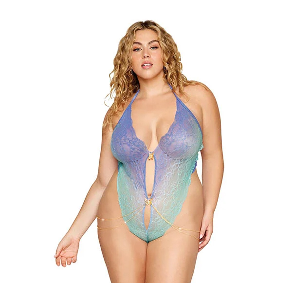 OMBRE STRETCH LACE TEDDY W/ BUTTERFLY CHARMS LAVENDER HAZE /SEAFOAM OSQ - Click Image to Close