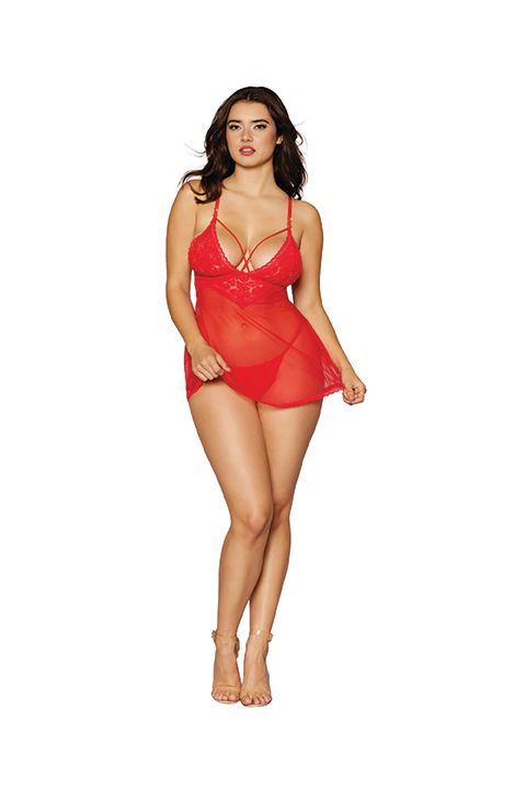 (D)LACE & MESH BABYDOLL & G- STRING SET LIPSTICK RED O/S