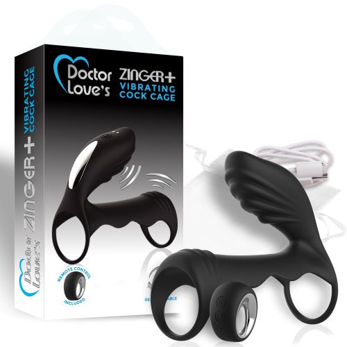 DOCTOR LOVE ZINGER+ VIBRATING RECHARGEABLE COCK CAGE W/ REMOTE BLACK - Click Image to Close