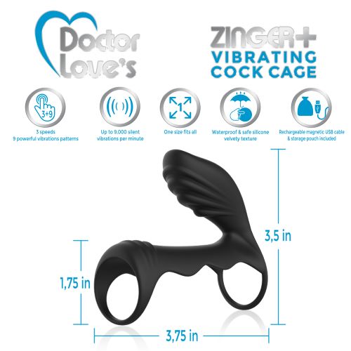 DOCTOR LOVE ZINGER+ VIBRATING RECHARGEABLE COCK CAGE BLACK - Click Image to Close