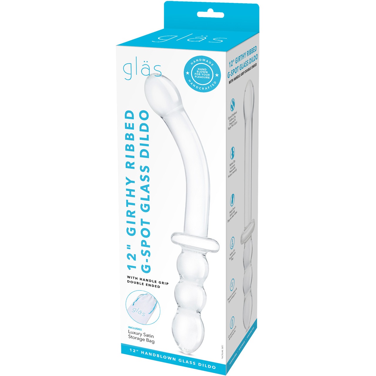 GLAS 12IN GIRTHY RIBBED G-SPOT GLASS DILDO W/ HANDLE GRIP