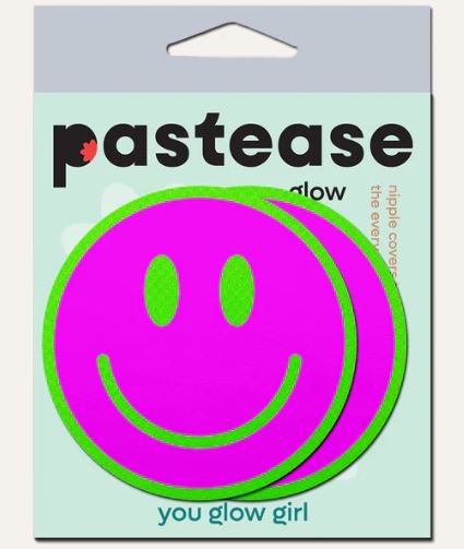 PASTEASE NEON GREEN GLOW IN THE DARK PINK SMILEY FACE BREAST PASTIES
