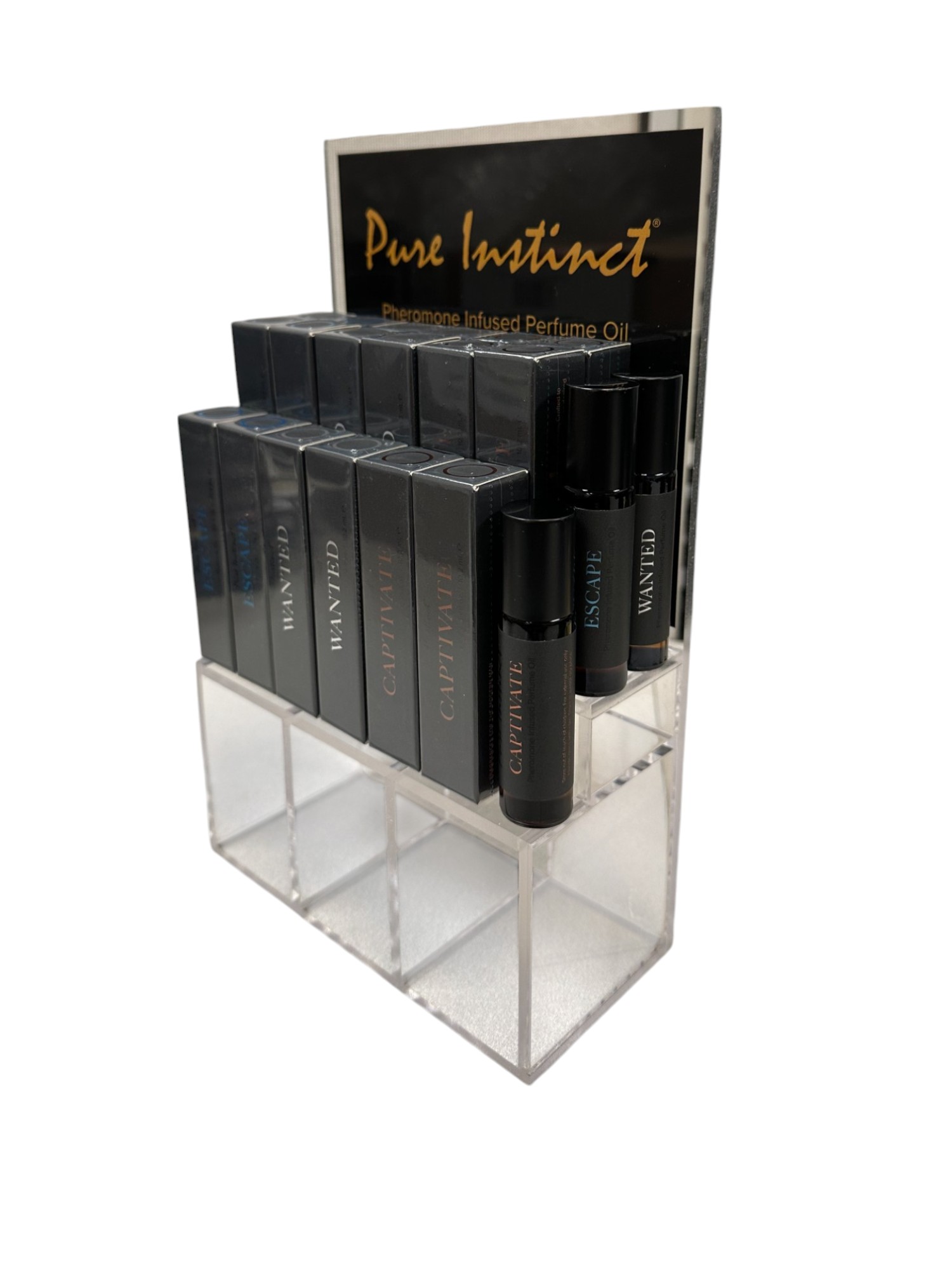 PURE INSTINCT PHEROMONE INFUSED PERFUME OIL MEN ACRYLIC CUBE DISPLAY W/TESTERS