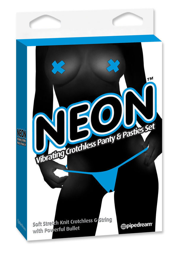 NEON VIBRATING CROTCHLESS PANTY & PASTY SET BLUE