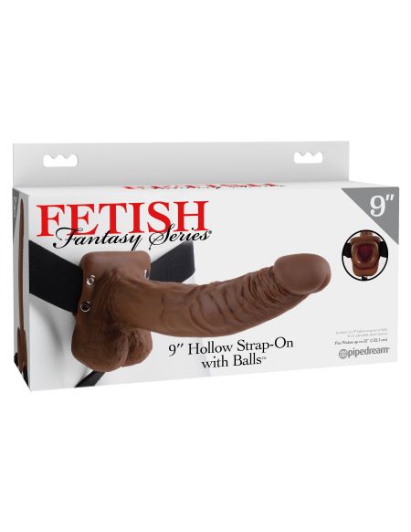 FETISH FANTASY 9 HOLLOW STRAP ON W/BALLS BROWN " - Click Image to Close