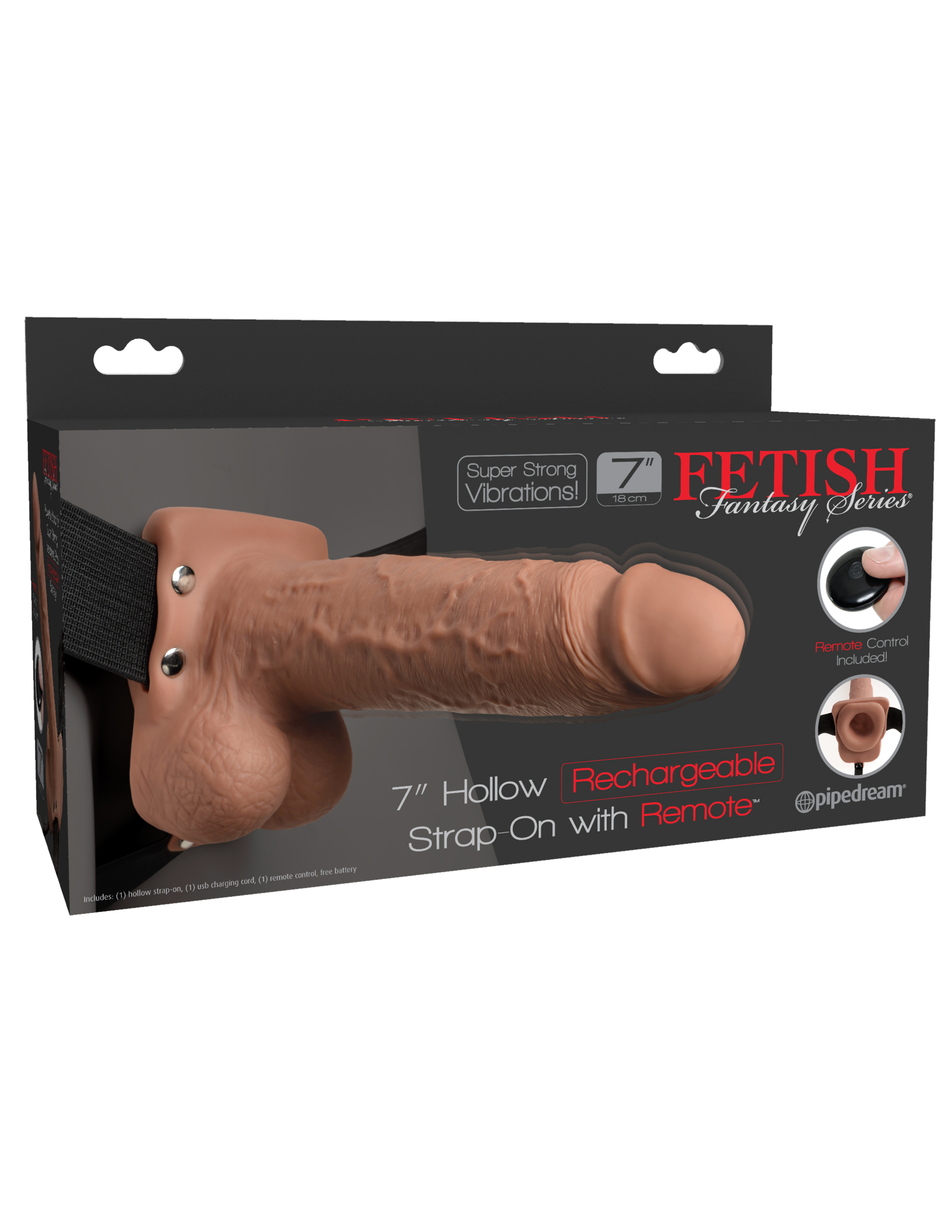 FETISH FANTASY 7 IN HOLLOW RECHARGEABLE STRAP-ON REMOTE TAN - Click Image to Close