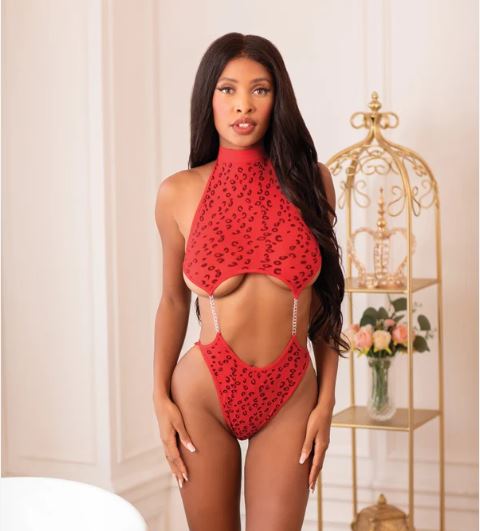 SAVAGE ME RED HOT CHEETAH CHAIN BODYSUIT RED
