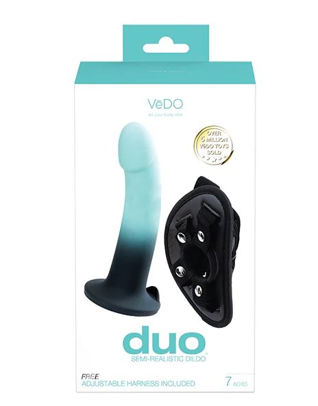 DUO SILICONE DILDO (NON VIBRATING) WITH HARNESS TURQUOISE/BLACK